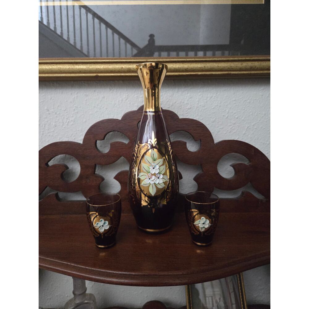 Italian Amethyst Gilt Decanter Set w/ 2 Cups Floral Hollywood Regency 1960s